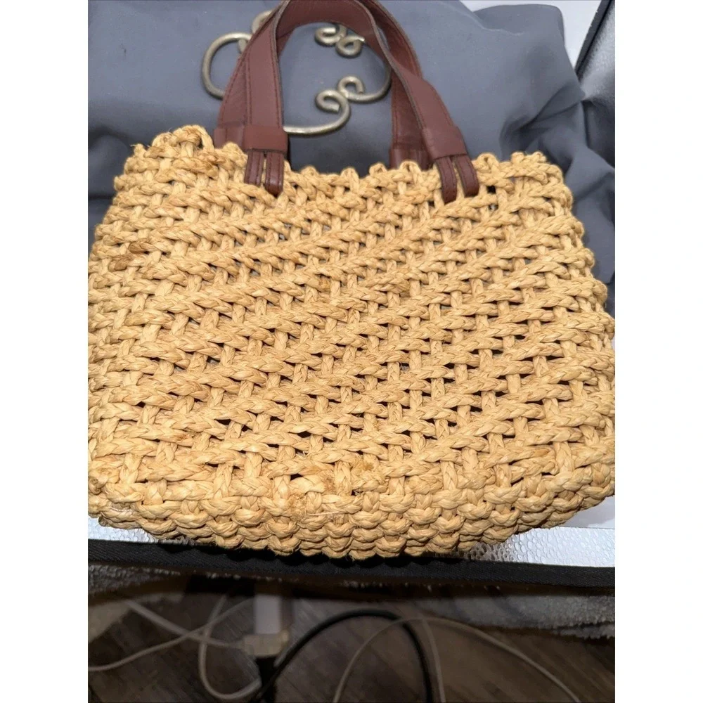 Express Bag Straw Boho Small Tan Animal Print Lining Zipper Closure Summer Purse